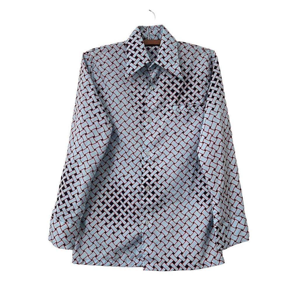 VTG Lancer California Blue Red Woven Print Long Sleeve Button Shirt Mens Size S